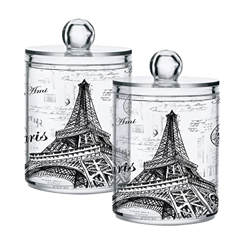 WELLDAY Apothecary Jars Bathroom Storage Organizer with Lid - 14 oz Qtip Holder Storage Canister, Paris Eiffel Tower Clear Plastic Jar for Cotton Swab, Cotton Ball, Floss Picks, Makeup Sponges,Hair Cl