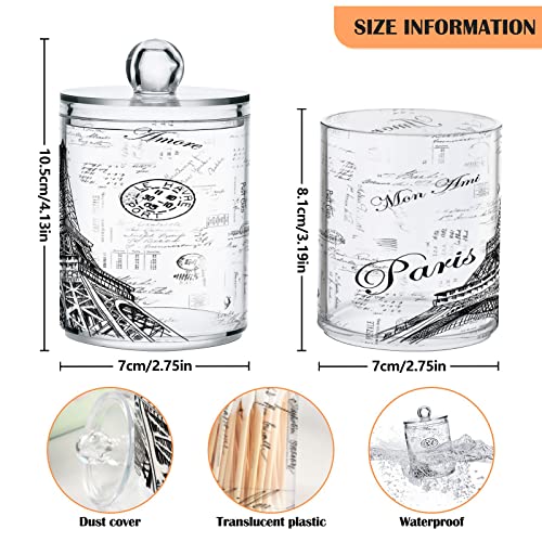 WELLDAY Apothecary Jars Bathroom Storage Organizer with Lid - 14 oz Qtip Holder Storage Canister, Paris Eiffel Tower Clear Plastic Jar for Cotton Swab, Cotton Ball, Floss Picks, Makeup Sponges,Hair Cl