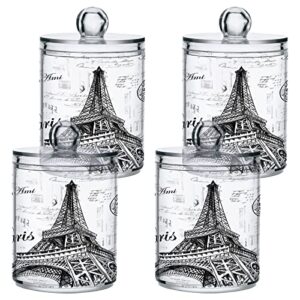 WELLDAY Apothecary Jars Bathroom Storage Organizer with Lid - 14 oz Qtip Holder Storage Canister, Paris Eiffel Tower Clear Plastic Jar for Cotton Swab, Cotton Ball, Floss Picks, Makeup Sponges,Hair Cl