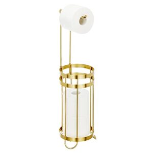 mdesign metal free standing toilet paper holder stand and dispenser, with storage for 3 spare rolls - for bathrooms/powder rooms - holds mega rolls - soft brass
