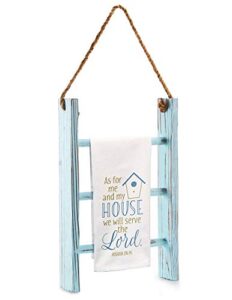 docmon 3-tier towel rack, wood bathroom decor wall-hanging towel storage ladder with rope for farmhouse room decor (blue)