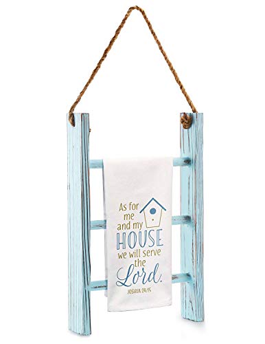 DOCMON 3-Tier Towel Rack, Wood Bathroom Decor Wall-Hanging Towel Storage Ladder with Rope for Farmhouse Room Decor (Blue)