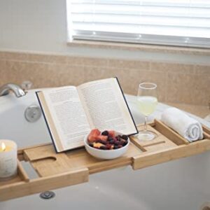 WilloCroft Bamboo Bathtub Tray – Expandable Bath Tray with Stand for Book & Tablet – Bathtub Caddy with Holder for Mobile & Wine Glass – Bath Tray with Leather Handles for Luxury Spa, Hotel & Home