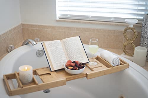 WilloCroft Bamboo Bathtub Tray – Expandable Bath Tray with Stand for Book & Tablet – Bathtub Caddy with Holder for Mobile & Wine Glass – Bath Tray with Leather Handles for Luxury Spa, Hotel & Home