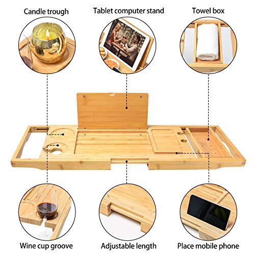 Bamboo Bathtub Caddy Tray,Expandable with Wine Slots and Book Holder Bath Tray for Tub, Organizer Bath Table Suitable for Luxury Spa or Reading