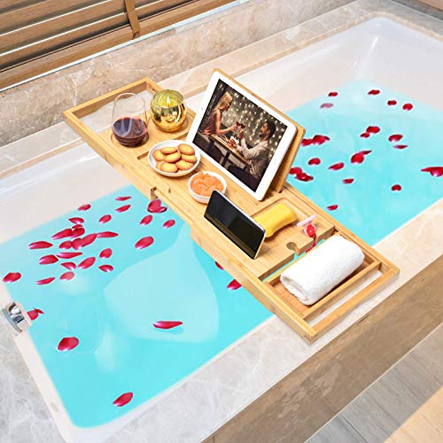 Bamboo Bathtub Caddy Tray,Expandable with Wine Slots and Book Holder Bath Tray for Tub, Organizer Bath Table Suitable for Luxury Spa or Reading