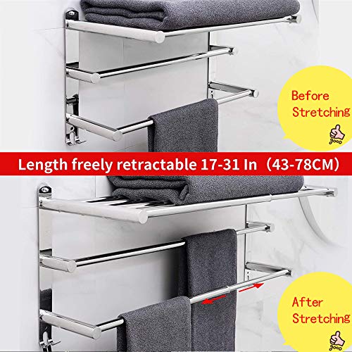Towel Rack Retractable 19.7 -31.5 Inch Towel Bars Stainless Steel 304 Strong 3M Adhesive Bathroom Wall-mounting Hole-Free mounting Hole-Installing washroom Kitchen Space Saving 3-Tier Shelf Towel Rack