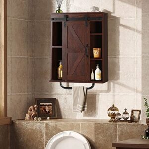 LUCKWIND Bathroom Farmhouse Medicine Cabinet with Sliding Barn Door, Retro Rustic Brown Wall Mounted Bathroom Cabinet w/Removable Towel Bar,Spaces Saving Storage Cabinet for Bathroom,Kitchen,Entryway