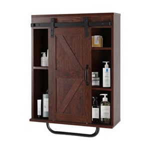 LUCKWIND Bathroom Farmhouse Medicine Cabinet with Sliding Barn Door, Retro Rustic Brown Wall Mounted Bathroom Cabinet w/Removable Towel Bar,Spaces Saving Storage Cabinet for Bathroom,Kitchen,Entryway