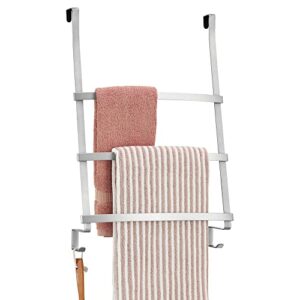 mdesign modern decorative metal over shower door towel rack holder organizer with storage hooks - for bathroom towels, washcloths, hand towels, loofahs and sponges - chrome