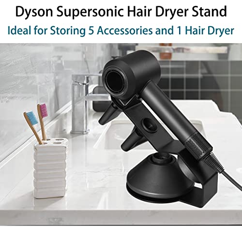 Dyson Hair Dryer Holder, Dyson Hair Dryer Stand, Holds 5 Hair Dryer Accessories, Magnetic Design, Silicone Protection, Rubber Base doesn't Move Around, Hair Dryer Bracket for Dyson Supersonic, Only Holder Black