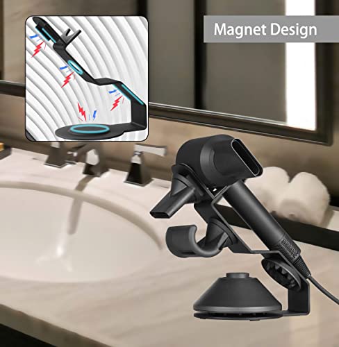 Dyson Hair Dryer Holder, Dyson Hair Dryer Stand, Holds 5 Hair Dryer Accessories, Magnetic Design, Silicone Protection, Rubber Base doesn't Move Around, Hair Dryer Bracket for Dyson Supersonic, Only Holder Black