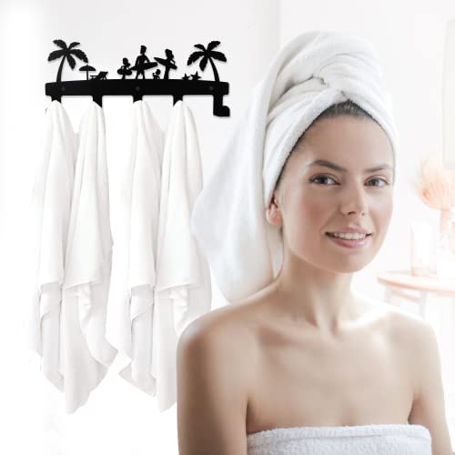 Family Beach Towel Rack for Bathroom Wall Mount Towel Holder Black Metal Towel Racks Rustproof and Waterproof Robes Coat Holder Bedroom Hanger Living Room Wall-Mounted-5 Hooks 16 Inch