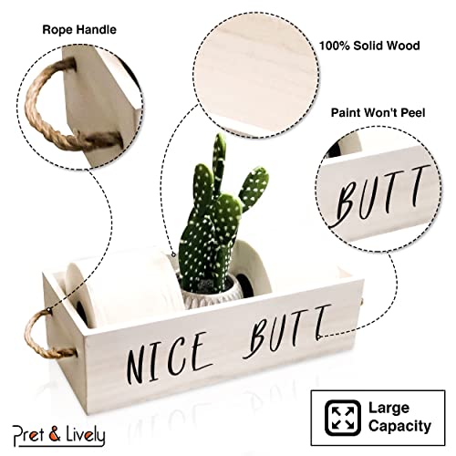 Pret & Lively Farmhouse Box, Nice Butt, Hello Sweet Cheeks,Home Decor, Storage Basket, Toilet Paper Holder, Funny Gift, Diaper Caddy, Cute Signs, Rustic Wooden Crate with Rope Handles, White