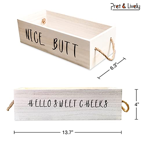 Pret & Lively Farmhouse Box, Nice Butt, Hello Sweet Cheeks,Home Decor, Storage Basket, Toilet Paper Holder, Funny Gift, Diaper Caddy, Cute Signs, Rustic Wooden Crate with Rope Handles, White