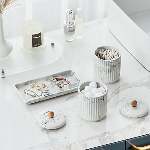 Redelaenor Marble Small Bathroom Jar Set ，Ceramic Cotton Swabs Holder with Lid and Dresser Organizer Set Tray for Storage and Organizing in Bathroom, Dresser, Kitchen, Office