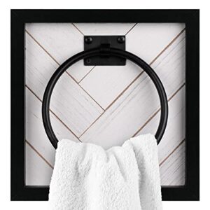 autumn alley white farmhouse towel holder wall mounted with ring for bathroom, kitchen in unique shiplap design – white distressed wood towel rack with modern matte black accents