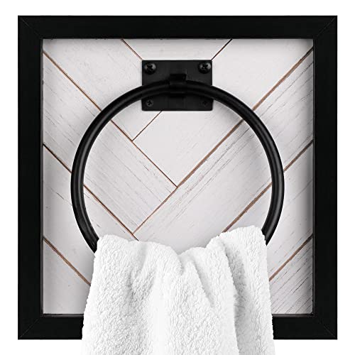 Autumn Alley White Farmhouse Towel Holder Wall Mounted with Ring for Bathroom, Kitchen in Unique Shiplap Design – White Distressed Wood Towel Rack with Modern Matte Black Accents