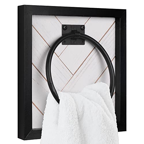 Autumn Alley White Farmhouse Towel Holder Wall Mounted with Ring for Bathroom, Kitchen in Unique Shiplap Design – White Distressed Wood Towel Rack with Modern Matte Black Accents