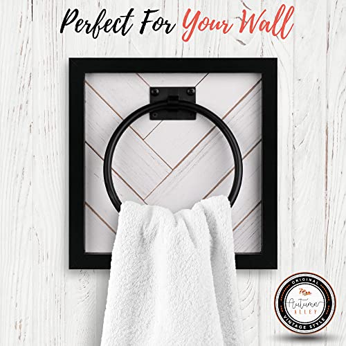 Autumn Alley White Farmhouse Towel Holder Wall Mounted with Ring for Bathroom, Kitchen in Unique Shiplap Design – White Distressed Wood Towel Rack with Modern Matte Black Accents