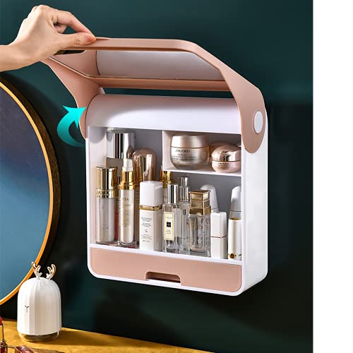 Bathroom Waterproof Organizer and Storage with Mirror and Lid, Pink Plastic Wall Mount Cabinet Vanity Makeup Cosmetic Organization Box with Doors for RV, Space Saving Small Medicine Shelf Shelves