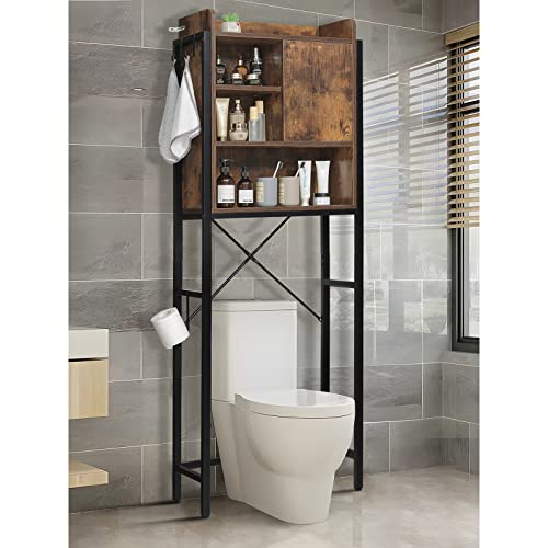 Iwell Over The Toilet Storage Cabinet, Tall Over Toilet Bathroom Organizer with Adjustable Shelf & Paper Hooks, Freestanding Bathroom Space Saver, 66.9''H, Rustic Brown