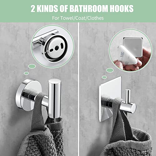 Sagetta Nickel Towel Racks for Bathroom, No-Drill Hooks SUS304 Stainless Steel Bathroom Accessories Kit Includes 16inch Towel Bar,3 Robe Towel Hooks,Toilet Paper Holder (Nickel)