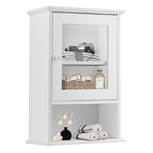 Tangkula Bathroom Cabinet, Wall Mounted Storage Organizer W/Door and Open Shelf, Hanging Medicine Cabinet, White