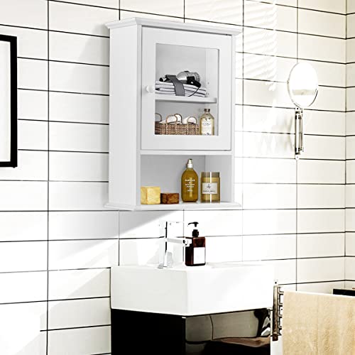Tangkula Bathroom Cabinet, Wall Mounted Storage Organizer W/Door and Open Shelf, Hanging Medicine Cabinet, White