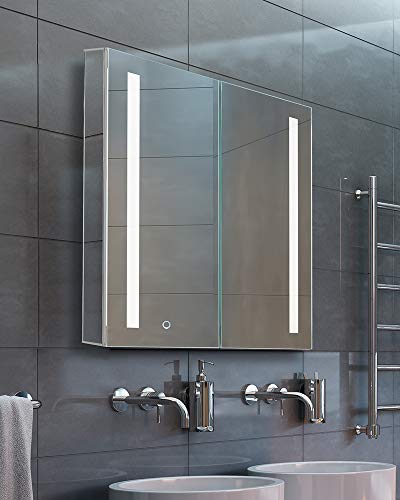 Fine Fixtures Bathroom Medicine Cabinet, Aluminum, Recessed/Surface Mount, 24" x 30", 2 Door, Mirrored w/ 2 LED Strips