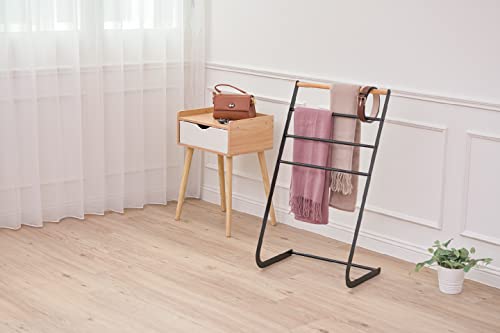 ikloo 32 Inch 4-Tier Freestanding Black Metal with Pine Wood Towel Rack for Bathroom with Hanging Bars, Laundry Room Drying Rack Organizer, Bathroom Storage Stand.