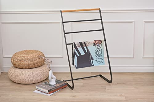 ikloo 32 Inch 4-Tier Freestanding Black Metal with Pine Wood Towel Rack for Bathroom with Hanging Bars, Laundry Room Drying Rack Organizer, Bathroom Storage Stand.