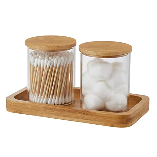 BORAINDAY Funny Qtip Holder and Cotton Ball Holder Set for Bathroom Organization. Apothecary Jars with Bamboo Tray are Great for Farmhouse Bathroom Decor, Rustic Bathroom Decor