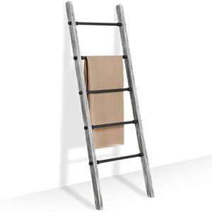 mygift 5-ft rustic gray washed solid wood wall leaning blanket ladder with 5 metal pipe rungs, bathroom towel ladder rack