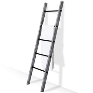 MyGift 5-ft Rustic Gray Washed Solid Wood Wall Leaning Blanket Ladder with 5 Metal Pipe Rungs, Bathroom Towel Ladder Rack