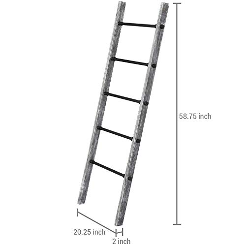 MyGift 5-ft Rustic Gray Washed Solid Wood Wall Leaning Blanket Ladder with 5 Metal Pipe Rungs, Bathroom Towel Ladder Rack