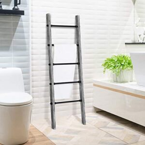 MyGift 5-ft Rustic Gray Washed Solid Wood Wall Leaning Blanket Ladder with 5 Metal Pipe Rungs, Bathroom Towel Ladder Rack