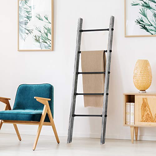 MyGift 5-ft Rustic Gray Washed Solid Wood Wall Leaning Blanket Ladder with 5 Metal Pipe Rungs, Bathroom Towel Ladder Rack