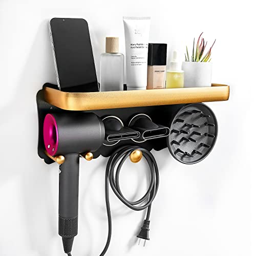 Hair Dryer Holder Wall Mounted with Shelf Bathroom Hair Tool Organizer for Dyson and Other Hair Dryers，Dyson Blow Hair Dryer Accessories Holder Bathroom Toothbrush Cosmetic Storage Organizer Shelf