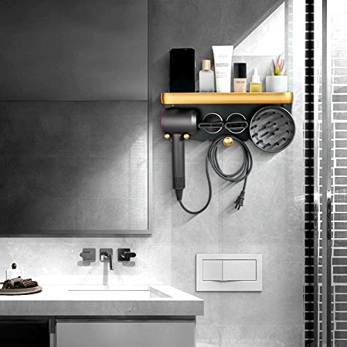 Hair Dryer Holder Wall Mounted with Shelf Bathroom Hair Tool Organizer for Dyson and Other Hair Dryers，Dyson Blow Hair Dryer Accessories Holder Bathroom Toothbrush Cosmetic Storage Organizer Shelf