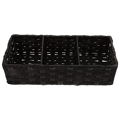 STOBOK Black Woven Storage Baskets Toilet Tank Topper Paper Basket 3 Compartment Storage Basket Desktop Storage Baskets Case Box for Organizer Small Things Makeup Bathroom Office Home (Black)