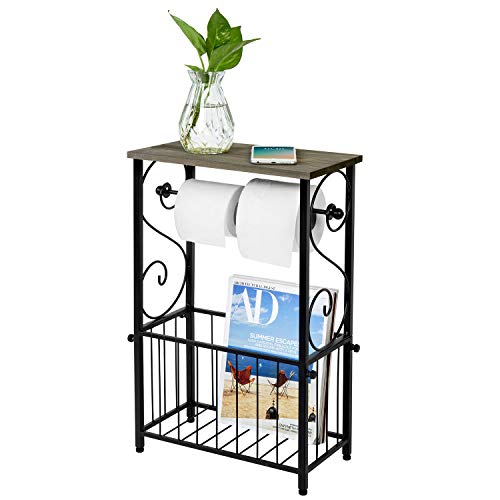 MyGift Scrollwork Black Metal Toilet Paper Roll Holder and Magazine Rack Stand with Gray Solid Wood Display Shelf