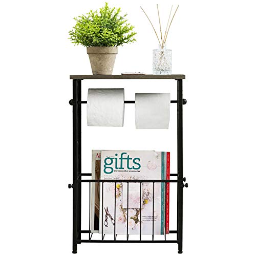 MyGift Scrollwork Black Metal Toilet Paper Roll Holder and Magazine Rack Stand with Gray Solid Wood Display Shelf