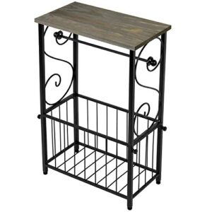 MyGift Scrollwork Black Metal Toilet Paper Roll Holder and Magazine Rack Stand with Gray Solid Wood Display Shelf