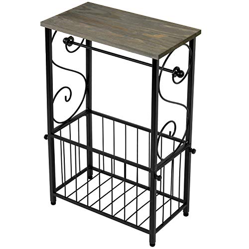 MyGift Scrollwork Black Metal Toilet Paper Roll Holder and Magazine Rack Stand with Gray Solid Wood Display Shelf