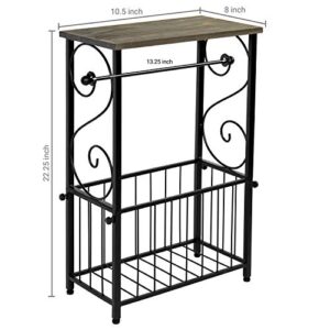 MyGift Scrollwork Black Metal Toilet Paper Roll Holder and Magazine Rack Stand with Gray Solid Wood Display Shelf