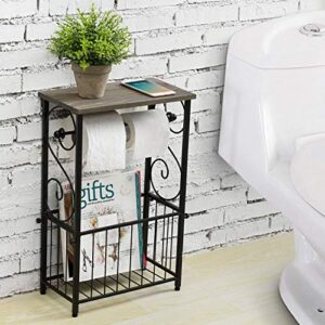 MyGift Scrollwork Black Metal Toilet Paper Roll Holder and Magazine Rack Stand with Gray Solid Wood Display Shelf