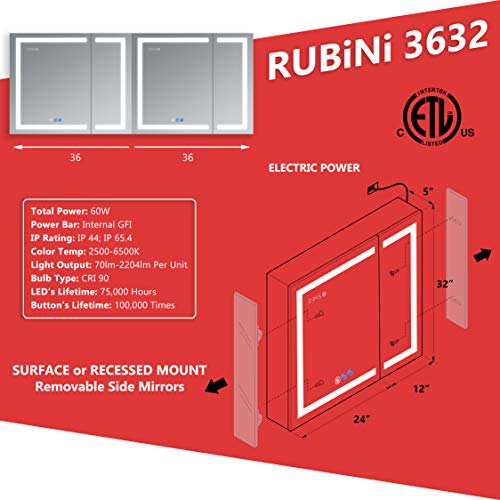 DECADOM LED Mirror Medicine Cabinet Recessed or Surface, Defogger, Dimmer, Clock, Room Temp Display, Makeup Mirror 3X, Outlets & USBs (RUBiNi 36x32)