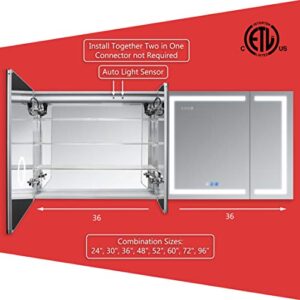 DECADOM LED Mirror Medicine Cabinet Recessed or Surface, Defogger, Dimmer, Clock, Room Temp Display, Makeup Mirror 3X, Outlets & USBs (RUBiNi 36x32)