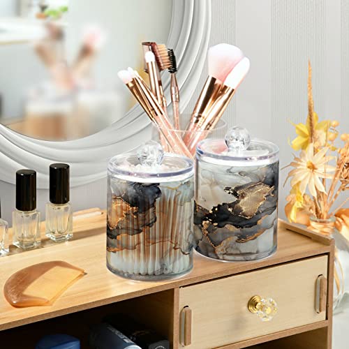 Nander 4Pack Qtip Holder Dispenser -Black Gold Marble Texture Clear Plastic Apothecary Jars Set - Restroom Bathroom Makeup Organizers Containers for Cotton Swab, Ball, Pads, Floss